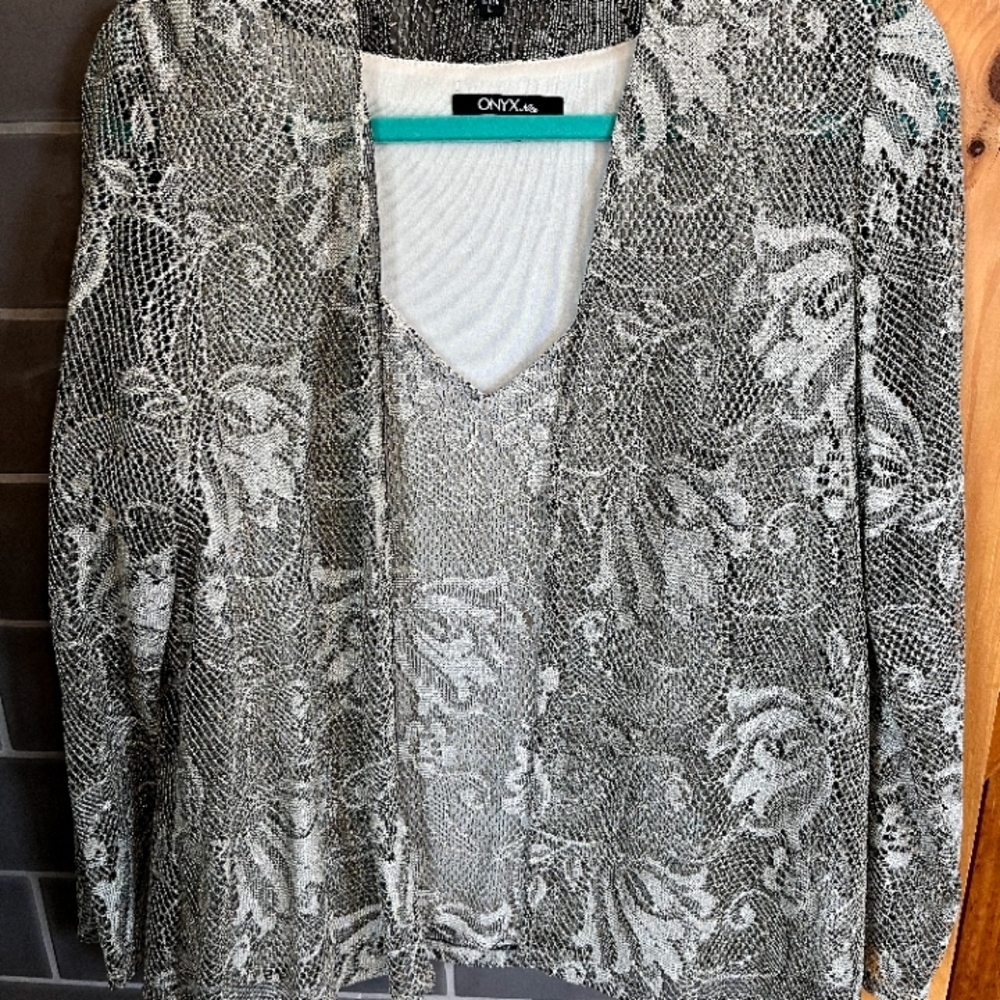Onyx Nite Metallic Lace Cardigan And Tank Top Set